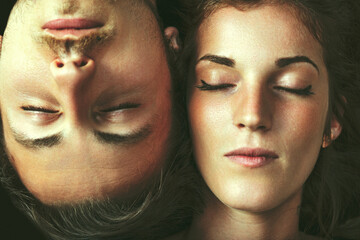 Peaceful connection shown through closed eyes, relaxed expressio