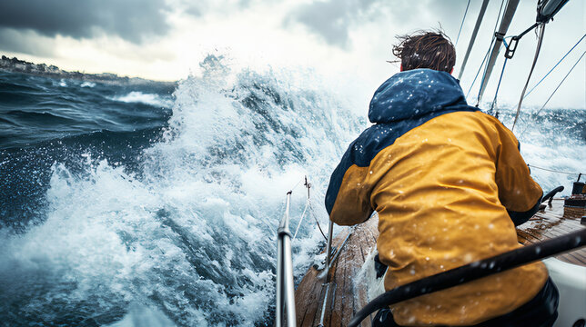 Person wearing life jacket on a sailboat in a sail racing. Inflatable water sports jacket. Man on a ship deck in the ocean. Person on a sailing boat, yacht,
