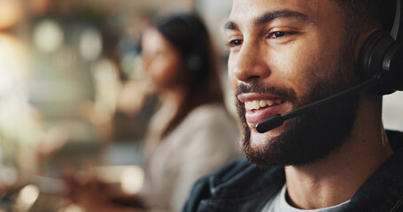 Headset, tech support and face of man in office with smile, online advice and discussion at crm callcenter. Virtual assistant, customer service agent or happy IT consultant on call in coworking space