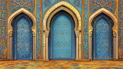Three ornate arched doorways with intricate tilework in a Moroccan style.