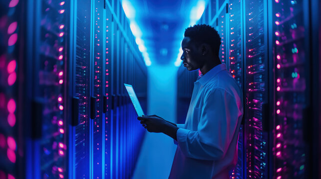 African American man checks data in a server room filled with glowing blue lights at night