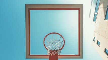 A basketball hoop from underneath, outdoor setting under sunlight, Contemporary style