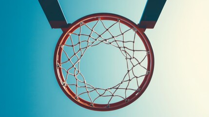 Fototapeta premium A basketball hoop from underneath, outdoor setting under sunlight, Contemporary style