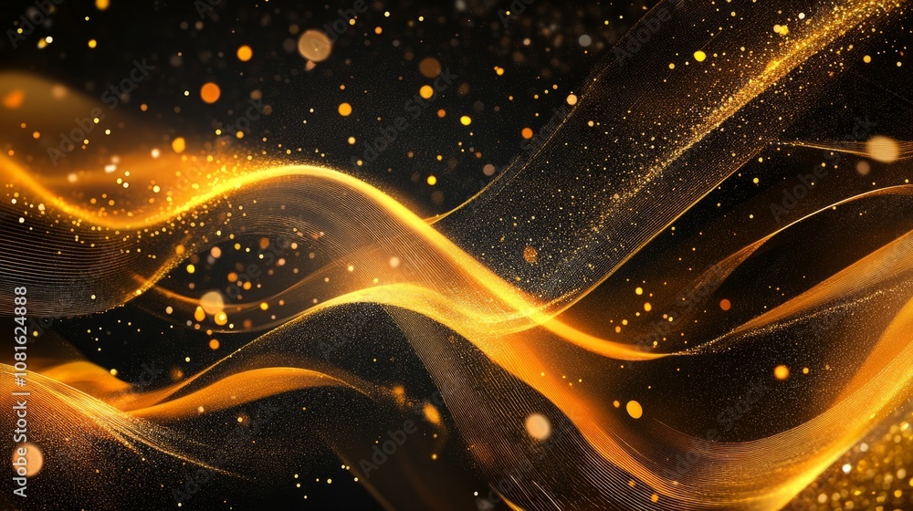 Aufkleber golden new year celebration background with abstract flowing waves and glittering sparkling particle