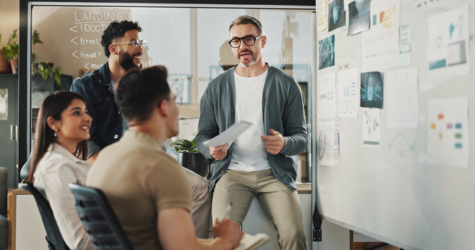 Meeting, web development and whiteboard with business people in office for feedback or review. Data, graphs and statistics with creative employee group in workplace for planning, strategy or vision