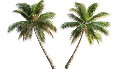 Two tall palm trees isolated on a white background.