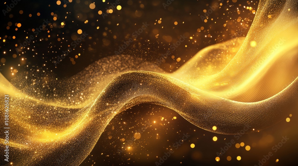 Poster golden new year celebration background with abstract flowing waves and glittering sparkling particle