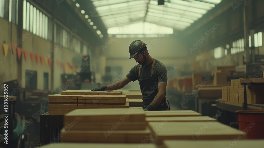 Poster a worker handling brick in a factory setting
