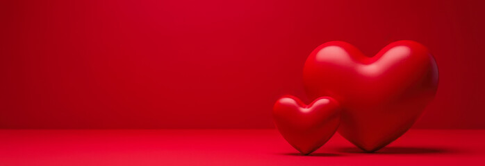 Two red valentines stand on a red background. space for text