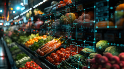 Digital interface overlaying fresh vegetables in a vibrant supermarket setting