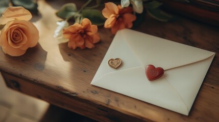 An elegant love letter sealed with a red heart wax seal lies on a vintage wooden desk, surrounded by peach-colored roses, creating a romantic and nostalgic atmosphere