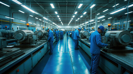 Factory workers in blue uniforms operate machinery on a production line in a large factory