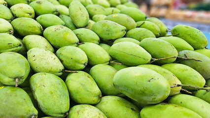 Fresh Green Mangoes: A vibrant display of green mangoes, piled high, evokes a sense of abundance and tropical freshness.