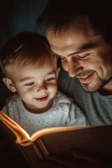 Joyful father and son sharing a book together, capturing their bond in a portrait