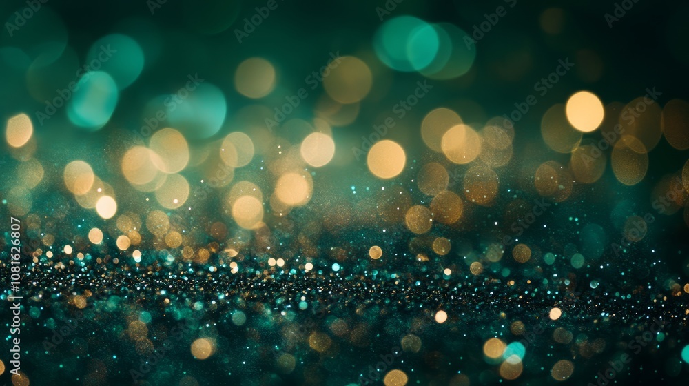 Poster abstract new year emerald bokeh background with shimmering defocused sparkles and glittering dust, c