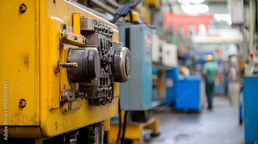 Poster close-up of a yellow industrial machine with gears and chains in a factory setting