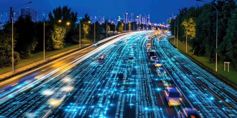 Obraz premium A busy highway with car lights and digital code streaks through the night.