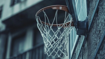A basketball hoop with net and backboard, urban rooftop setting, Street style