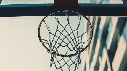 A basketball hoop with net and backboard, urban rooftop setting, Street style