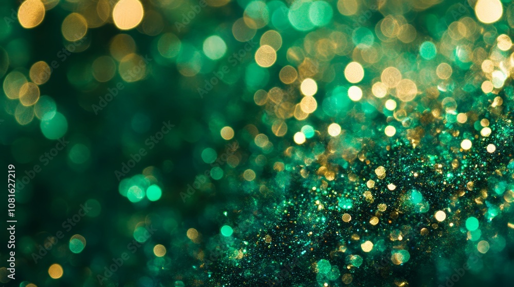 Poster abstract new year emerald bokeh background with shimmering defocused sparkles and glittering dust, c