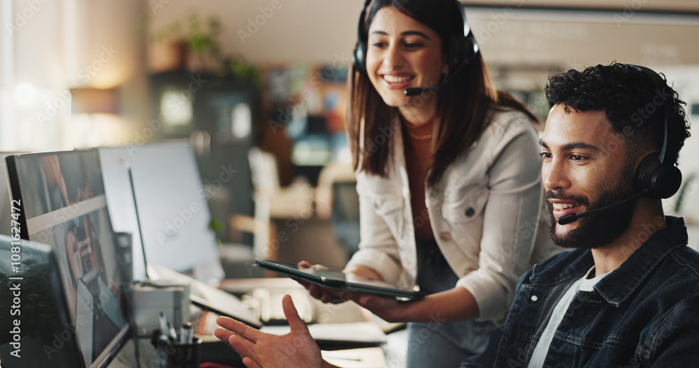 Canvas Prints Advice, woman and happy man in tech support with headset, online help and website application. Manager, customer service and IT consultant at desk with computer, tablet and teamwork at call center