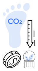 Human footprint with CO2, downward arrow, dollar coin, and plant in globe. Ideal for sustainability, cost efficiency, climate change awareness, environmental impact, green energy corporate