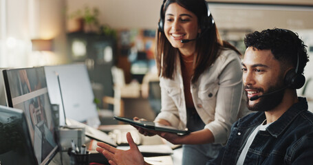 Advice, woman and happy man in tech support with headset, online help and website application....