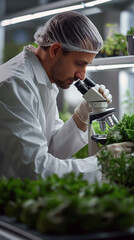 A scientist in a white coat examines vegetables under a microscope in a modern laboratory setting