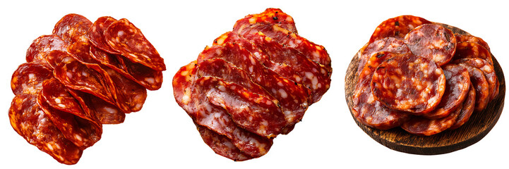 Set of sliced paella salami, isolated on a transparent background.