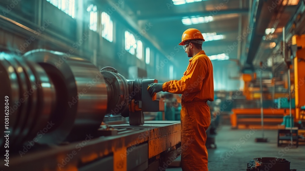 Poster industrial worker inspecting large metal part in factory setting