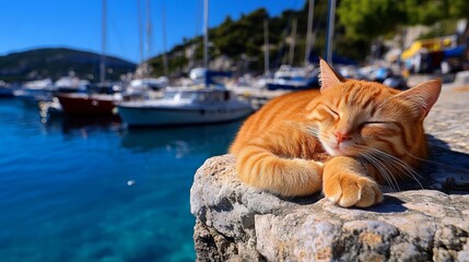 An orange cat laying on a rock by the water