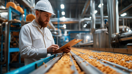 Worker inspects cereal production line with clipboard in modern industrial facility