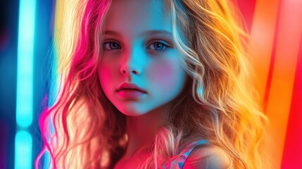 Fototapeta premium portrait of a young girl with long blonde hair and striking neon lighting