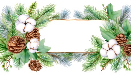 Fototapeta premium Watercolor holiday card framed by green fir branches and natural elements for festive celebrations. Generative AI