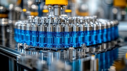 Automated Bottling Line with Blue Liquid in Glass Vials