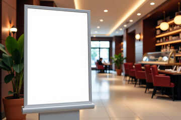 A clean, modern interior space featuring a blank whiteboard or billboard in a hallway. Roll up, blank banner in the lobby of a business center.