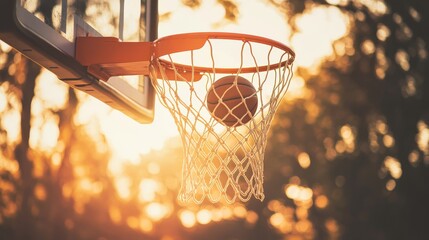 A basketball net with ball swishing through, outdoor court with sunset, Vibrant style