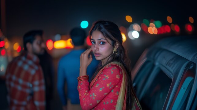 Scared Indian woman Afraid of Strangers, Victim of Eve Teasing and Sexual Harassment , Rude men Catcalling a Female at Night, Stalkers Harassing a Young Girl
