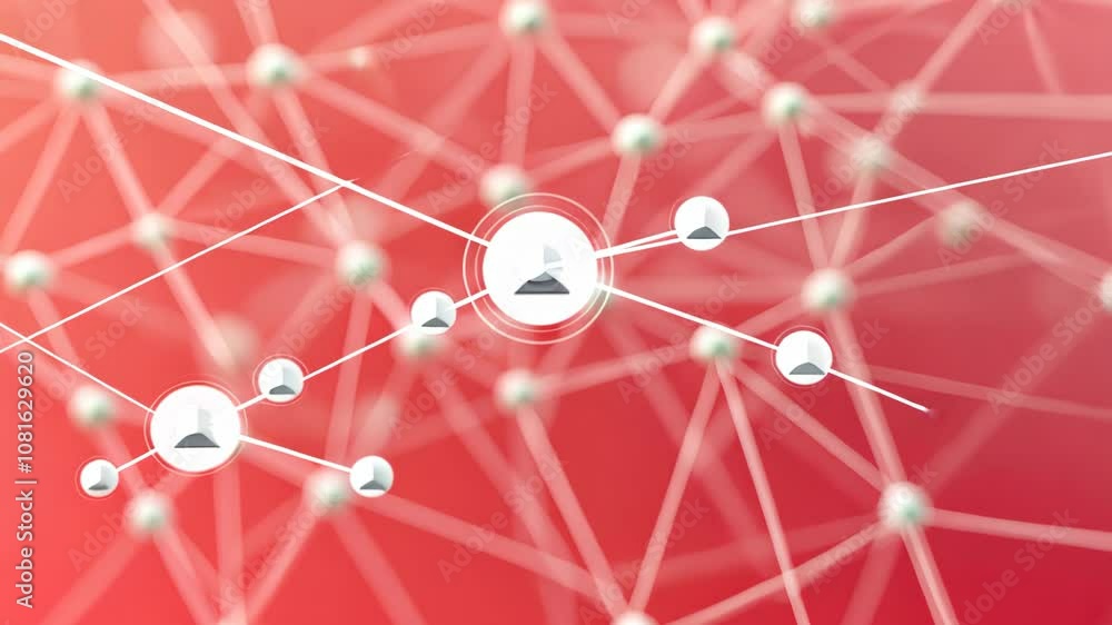 Poster interconnected nodes and dots in a warm red network visualization.