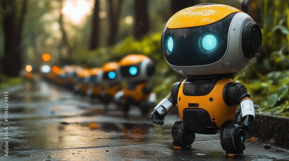 Poster small robots with glowing eyes on a wet path in a forest setting.