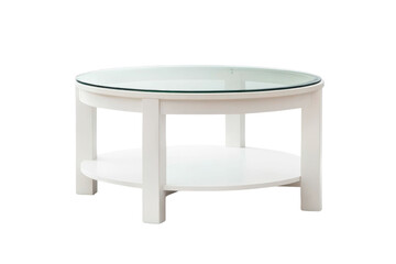 Modern round coffee table with glass top and white wooden base, isolated on white background.