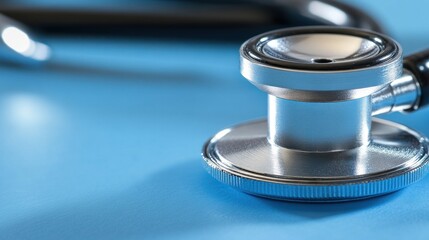 Close-up of a silver stethoscope on a bright blue background.