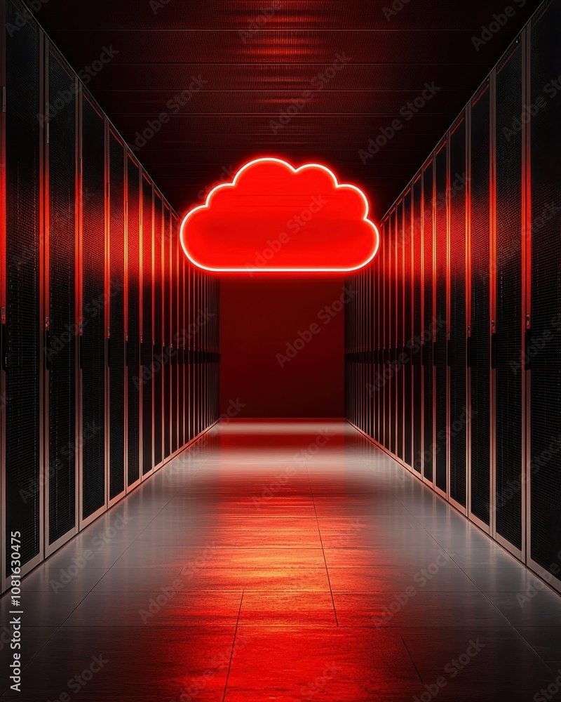 Poster a dark corridor illuminated by a glowing red cloud neon sign, creating a striking contrast with the 