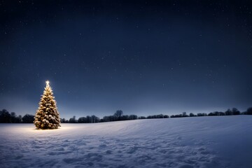 Naklejka premium A winter night scene with a snowy field and a glowing christmas tree in the distance plenty of sky, AI Generated