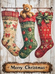 Watercolor style Christmas vertical banner greeting card with three vintage Christmas stockings socks and a teddy bear hanging on a white wooden wall, traditional designs