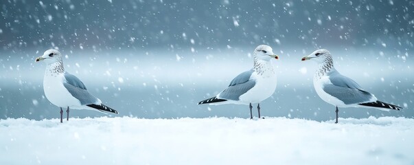 Obraz premium Winter storm blizzard intensity, Three seagulls stand on a snowy landscape, surrounded by falling snowflakes, creating a serene winter scene.