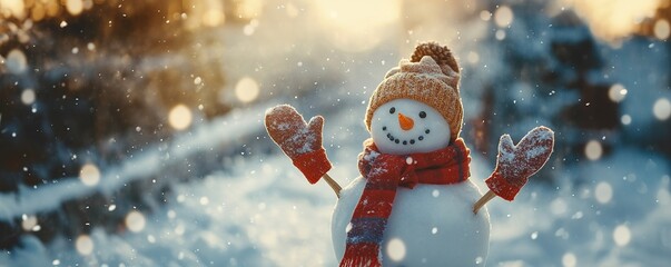 Cute snowman with stick arms using winter gloves and hat. Christmas winter background with snow and blurred bokeh light. Copy space for text