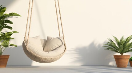 A cozy hammock chair swings gently against a minimalist wall, surrounded by lush green plants, creating a serene indoor relaxation space.