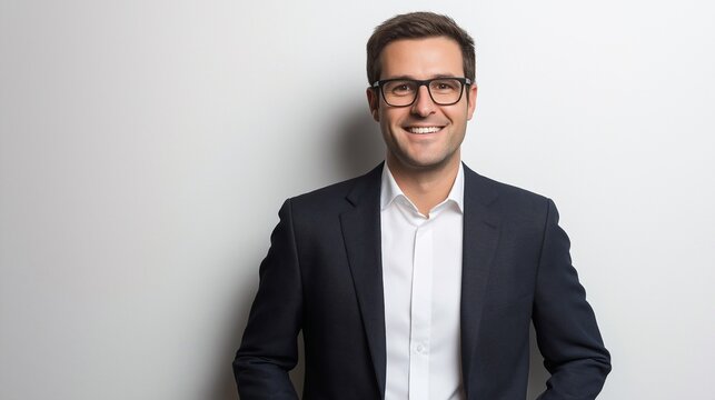 Happy confident middle aged 35 years old business man wearing suit and glasses isolated on white wall. Smiling professional businessman model looking at camera.
