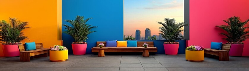 A vibrant outdoor lounge featuring colorful seating and planters, creating a lively space for relaxation and social gatherings against a city skyline.
